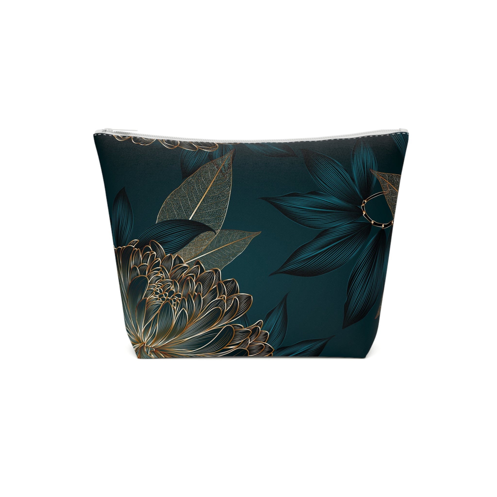 Floral cosmetic bag deep green and gold