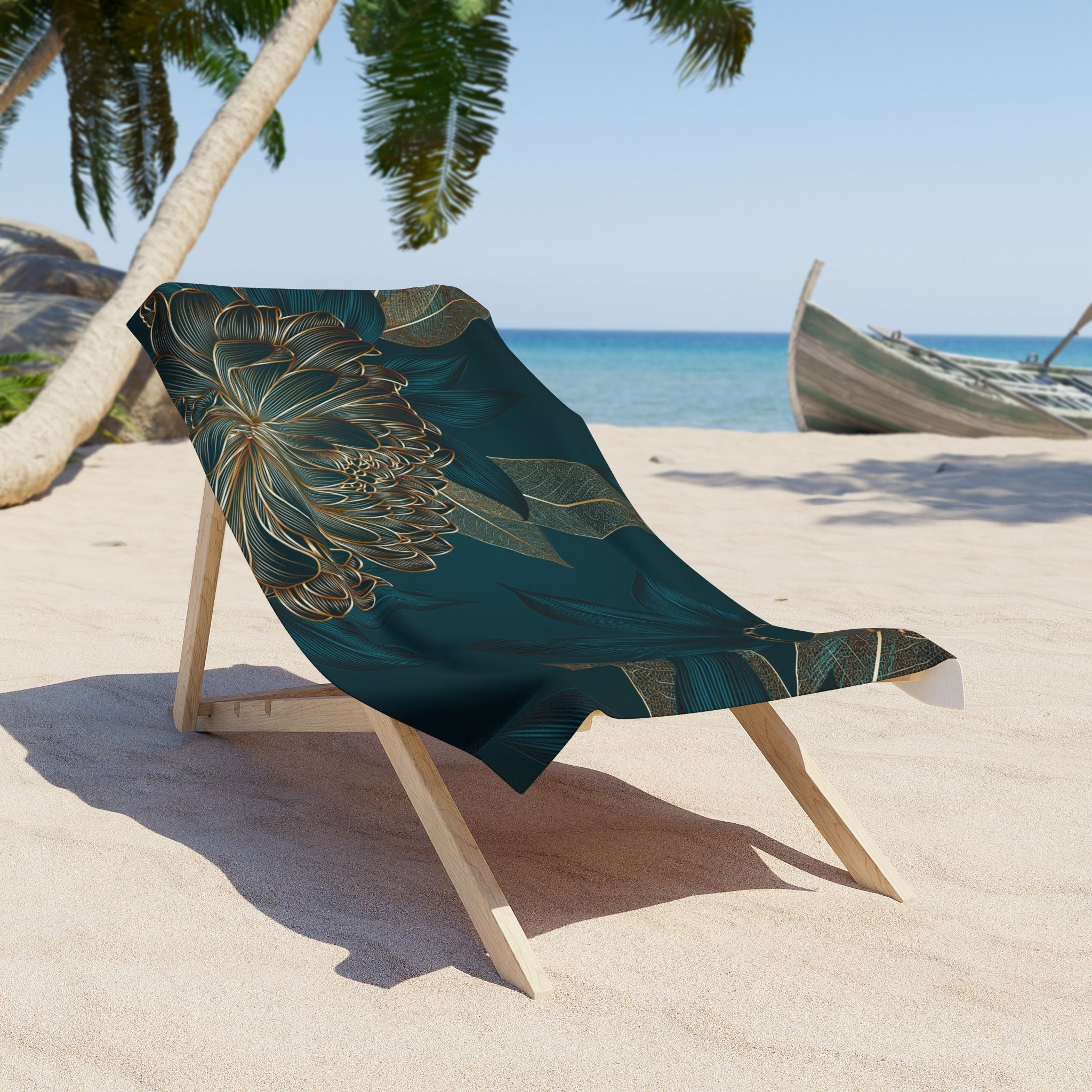 beach towel draped over a beach chair on a beach with a palm tree and boat in the background