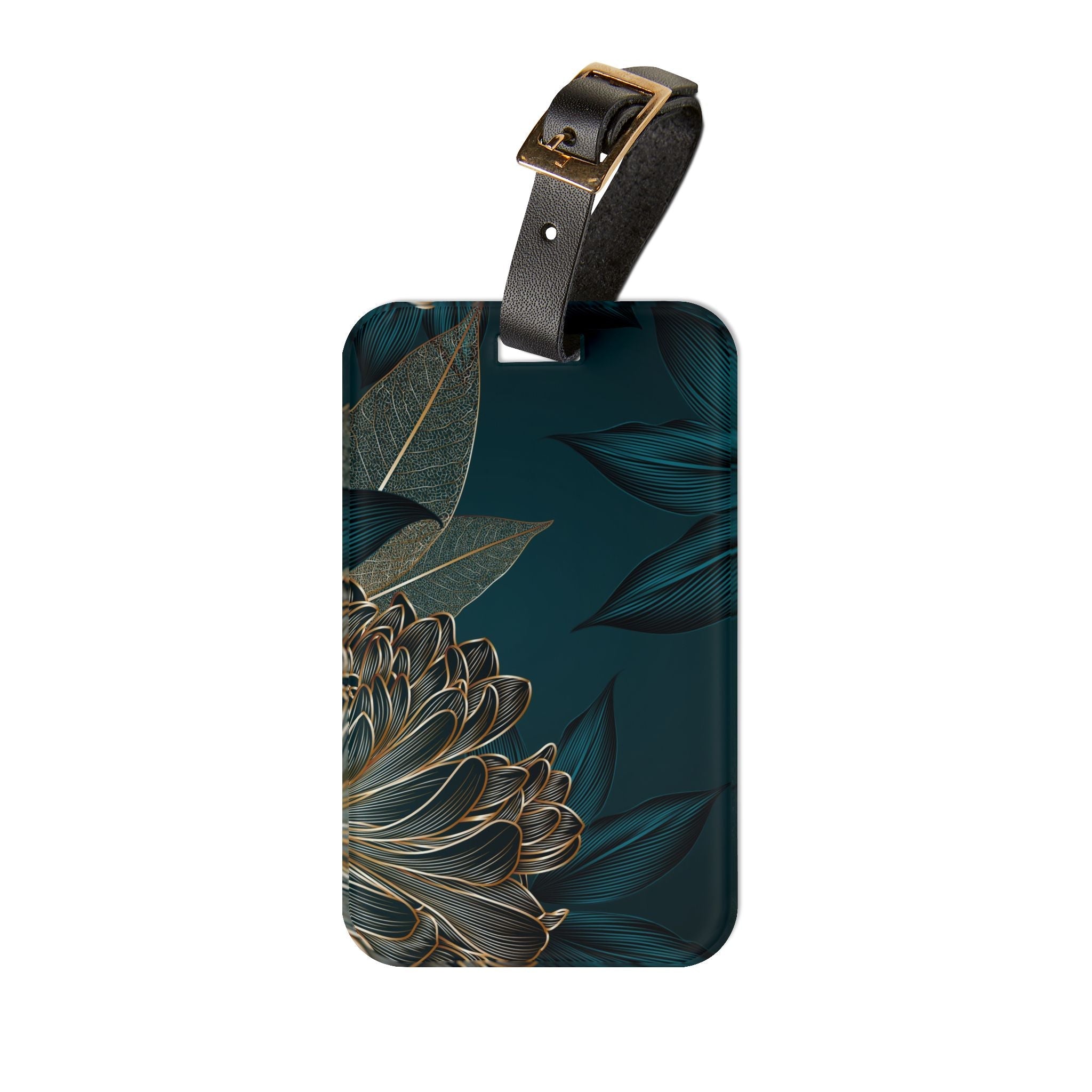 Floral luggage tag deep green and gold